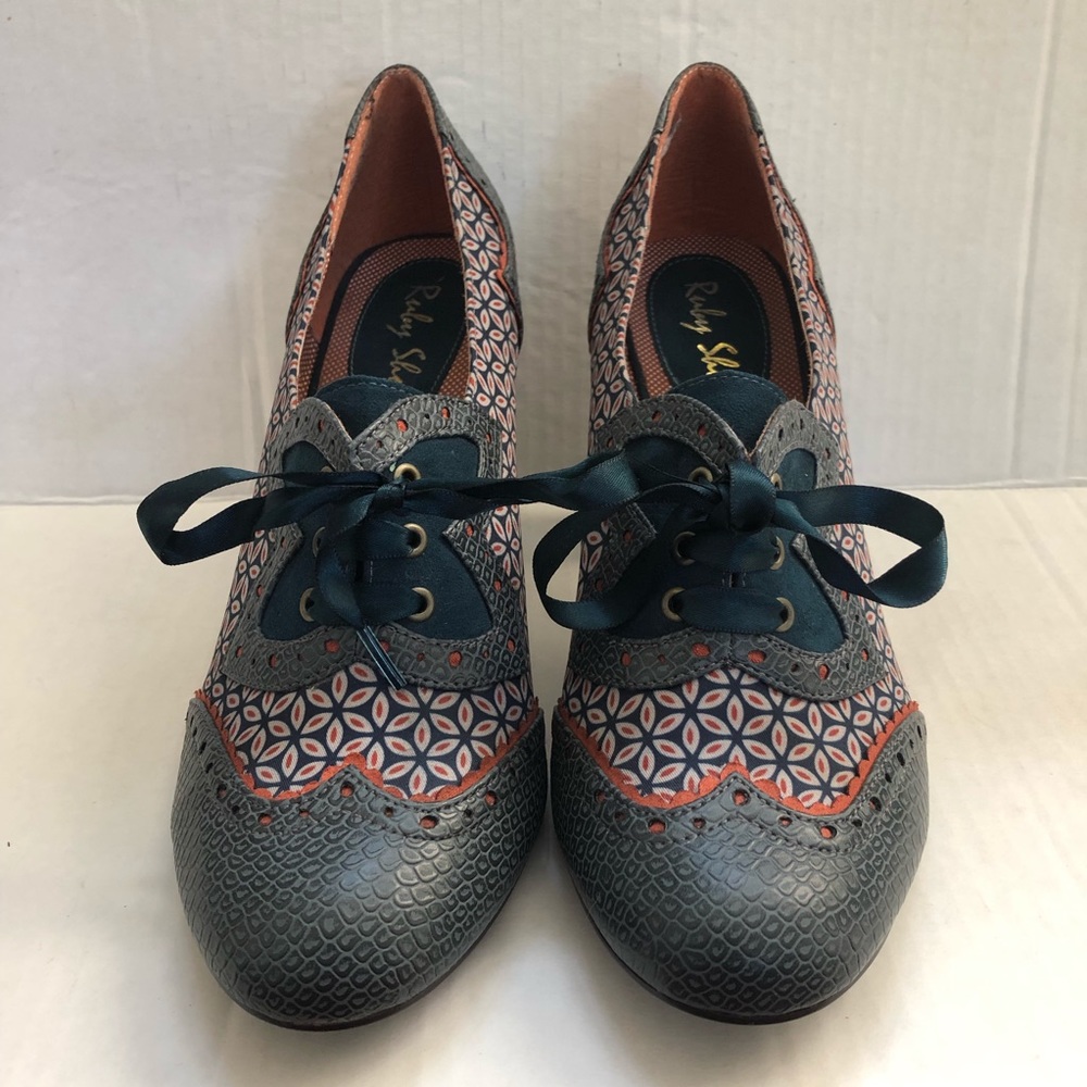 Ruby Shoo Blue Teal Heels Lace Up Size 8
